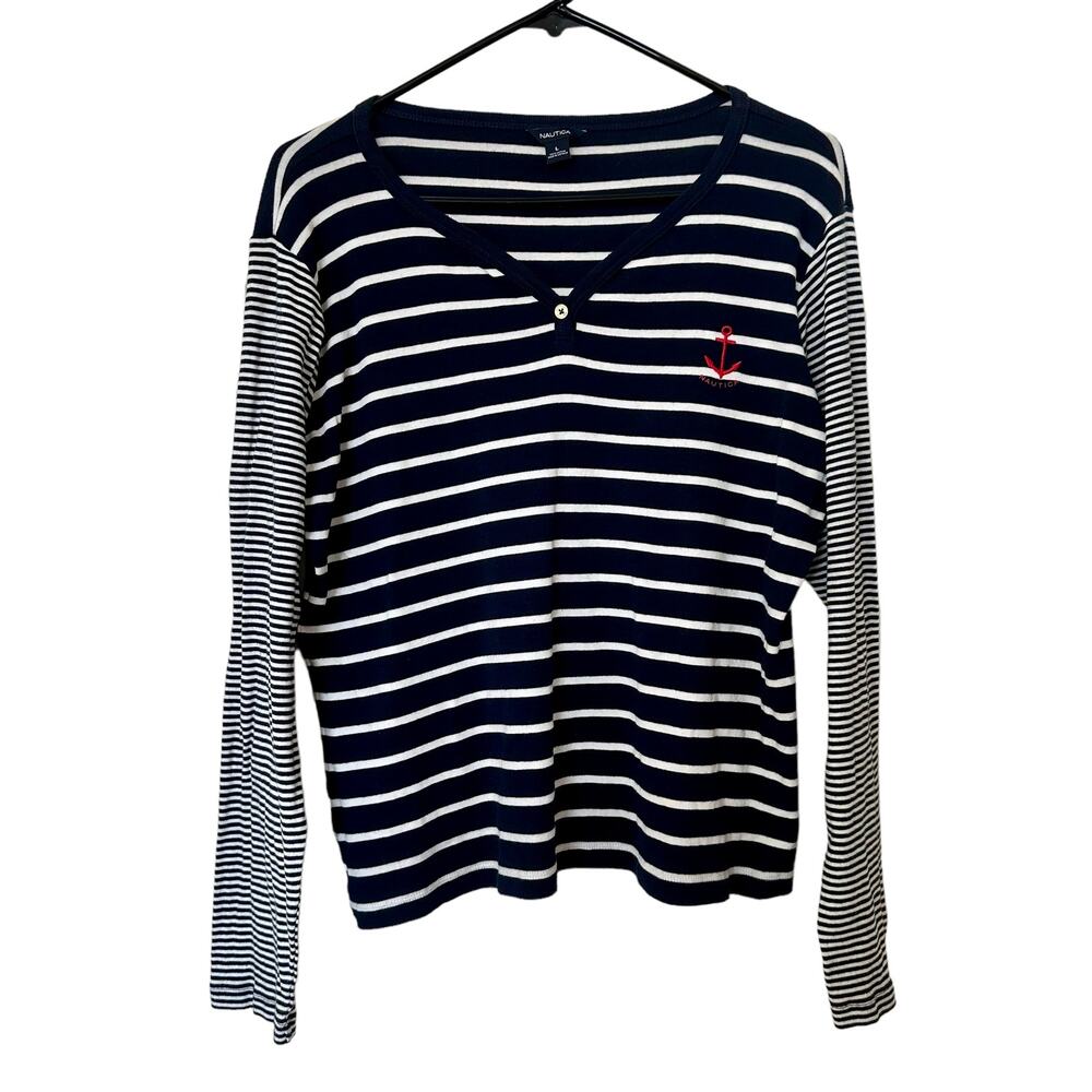 Nautica Stripe Long Sleeve Top 100% Cotton Navy Blue & White Size Large